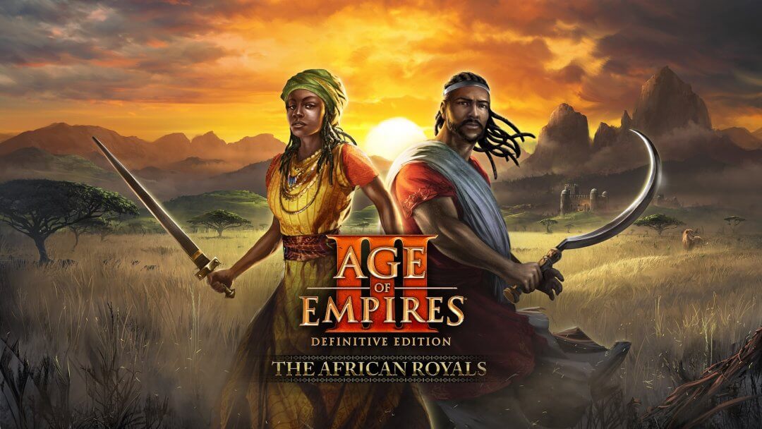 Box art for The African Royals showing African royalty with sunset background and Age II DE logo