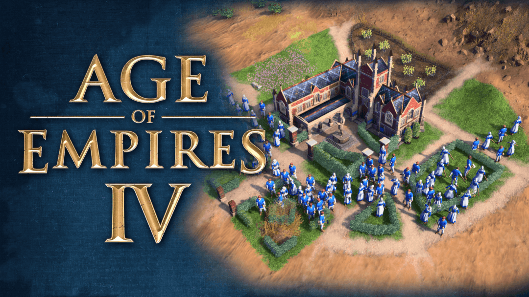 Age of Empires IV banner announcement featuring villagers gathered around the university