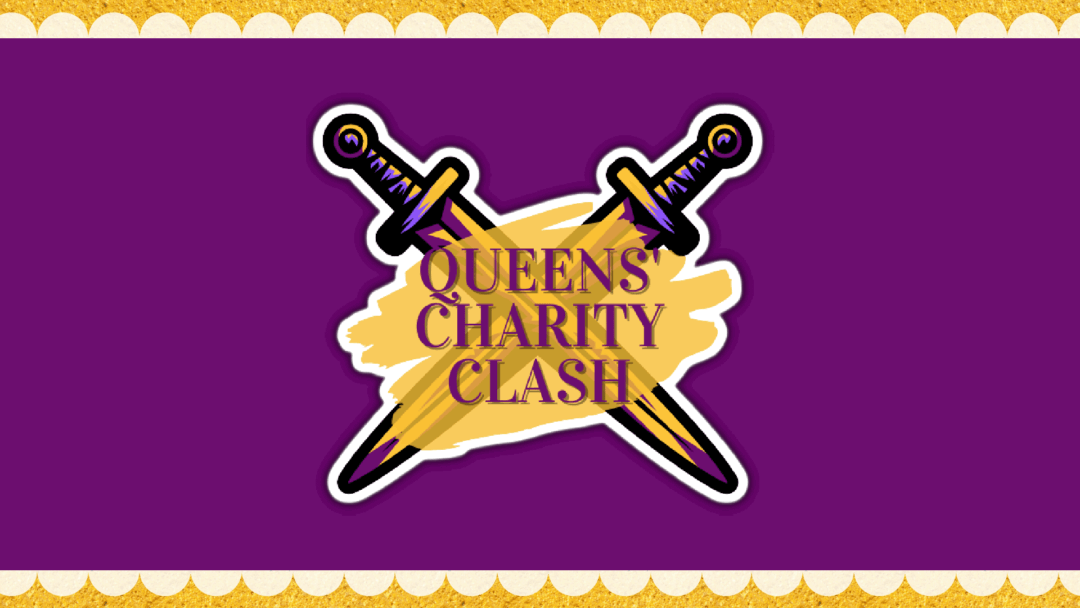 Two purple and yellow swords crossing, covered by a yellow text bubble with the words "Queens' Chairty Clash" in purple.