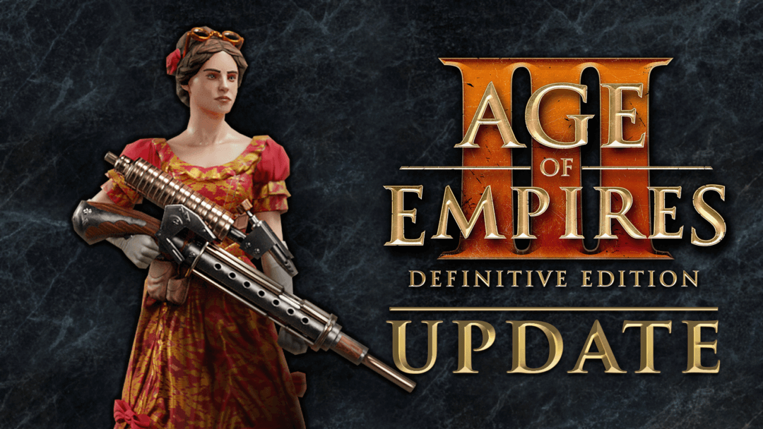 Ada Lovelace wearing a period-appropriate dress in red and holding an automatic rifle with age of empires iii update next to her