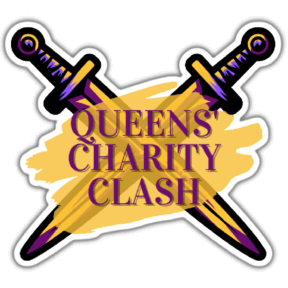 Two purple and yellow swords crossing, covered by a yellow text bubble with the words "Queens' Chairty Clash" in purple. 