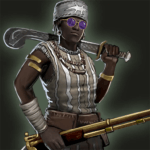 Dahomey Amazon holding a sword behind her neck, and a gun in one hand. Wearing purple sunglasses. 