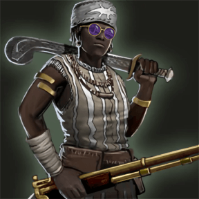 Dahomey Amazon holding a sword behind her neck, and a gun in one hand. Wearing purple sunglasses.