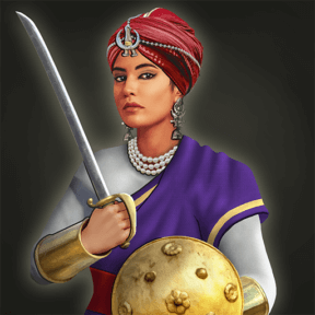 Rani Lakshmibai holding a sword and shield.