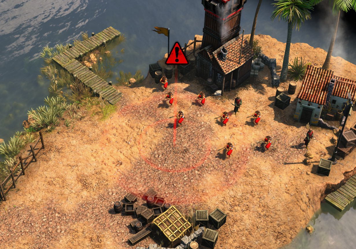 image of new danger ping with red alert triangle and soldiers on a breach near a tower in age of empires iii: de