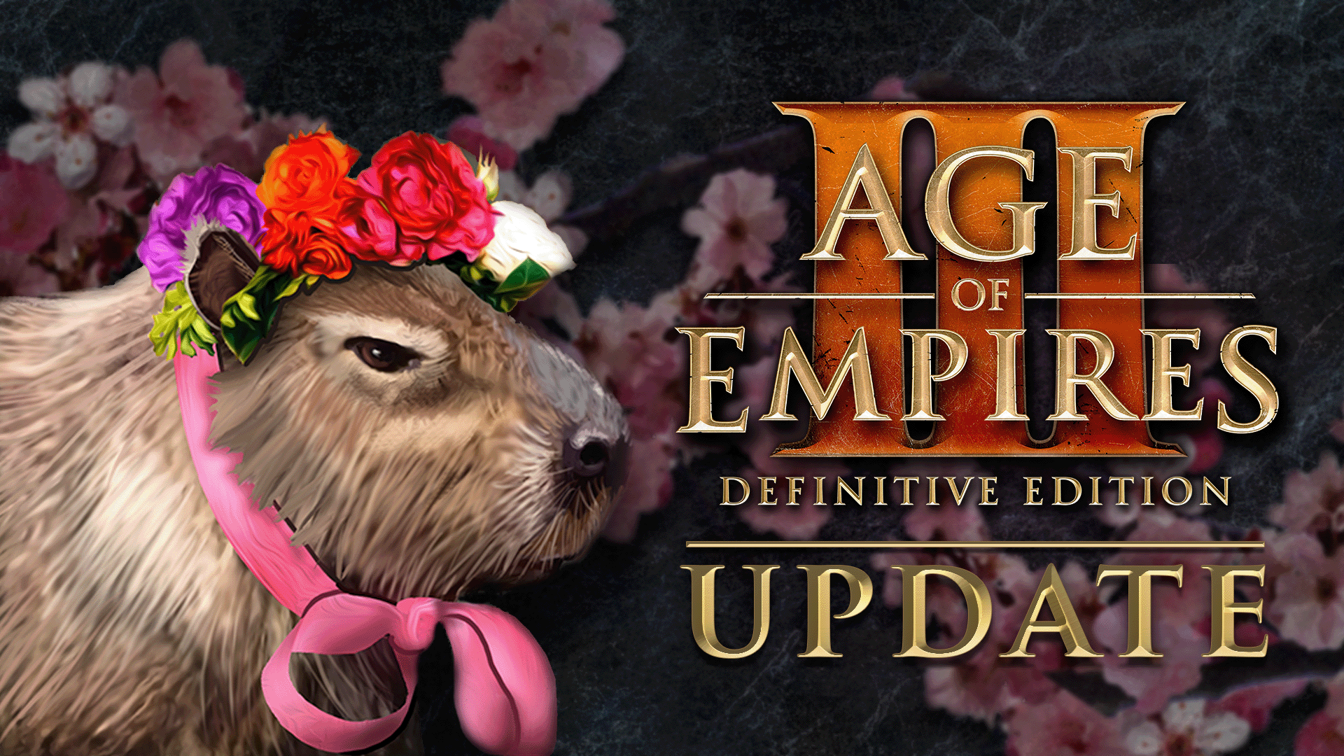Image of a capybara wearing a flower crown with the words Age of Empires III Definitive Edition Update