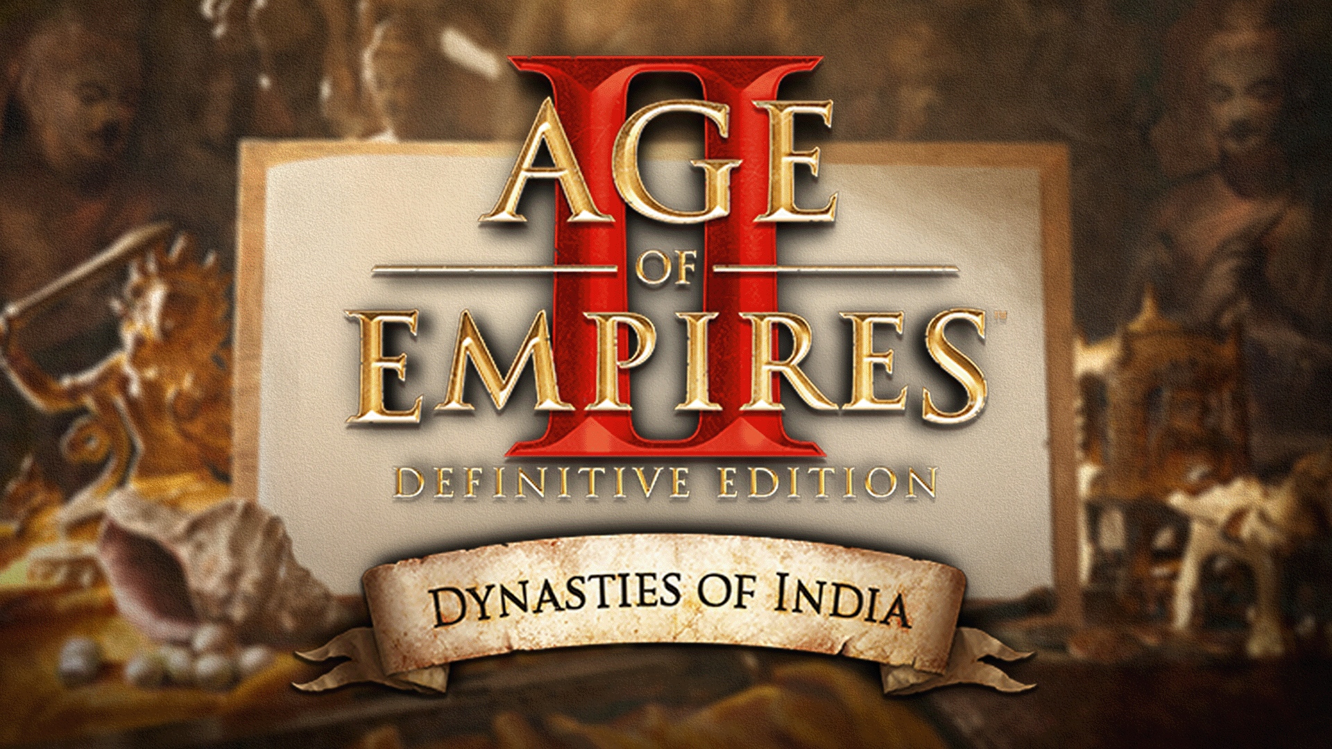 Image of the age of empires ii logo and words with the new dynasties of india dlc banner underneath