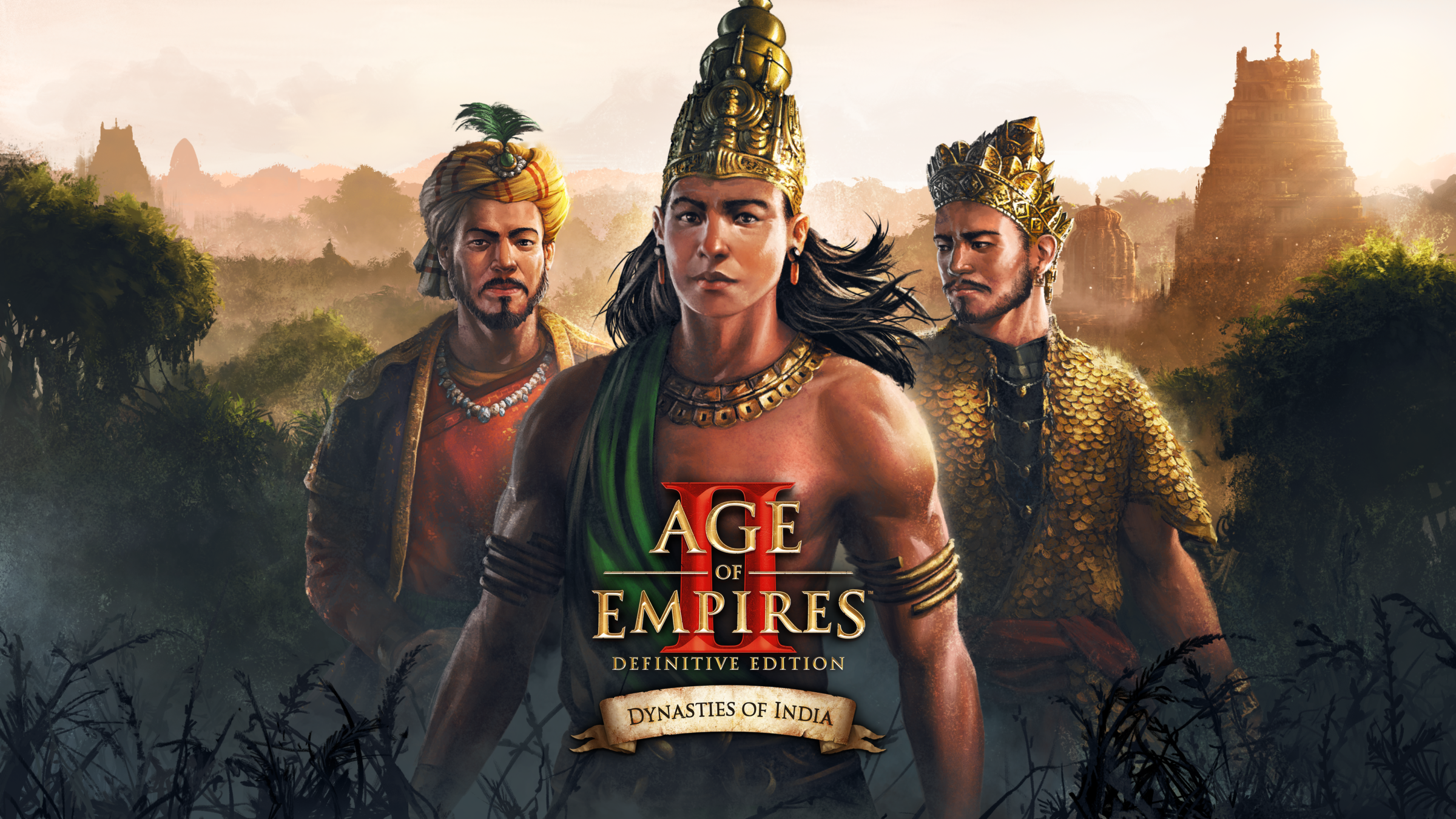 Image of all 3 indian civ kings wearing crowns with the words age of empires ii definitive edition and dynasties of india