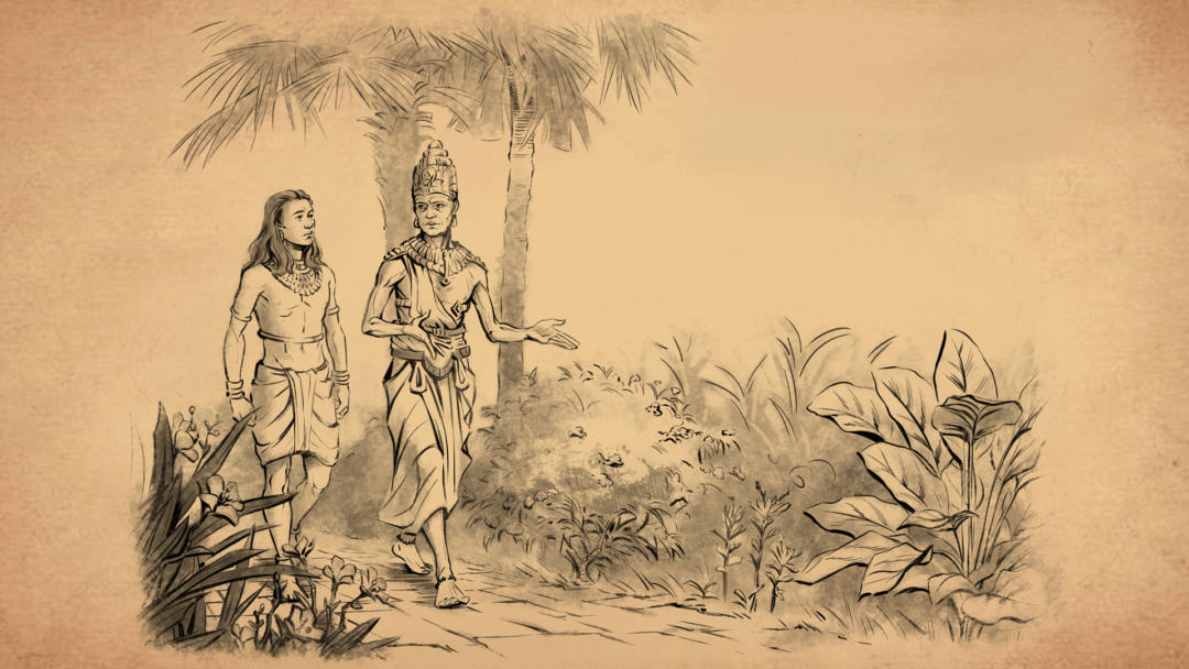 father who is the king walking with his son through the jungle