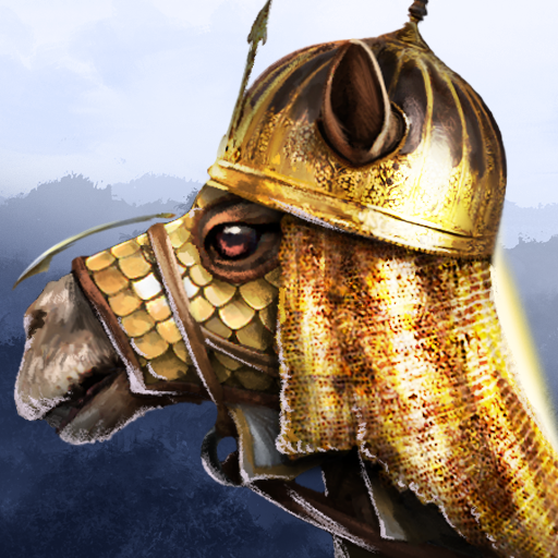 fully armored camel wearing a golden helmet and golden chain mail