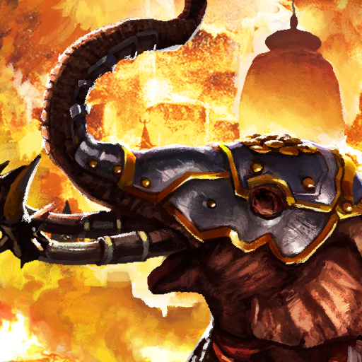 armored elephant wearing full armor and a city burning behind it