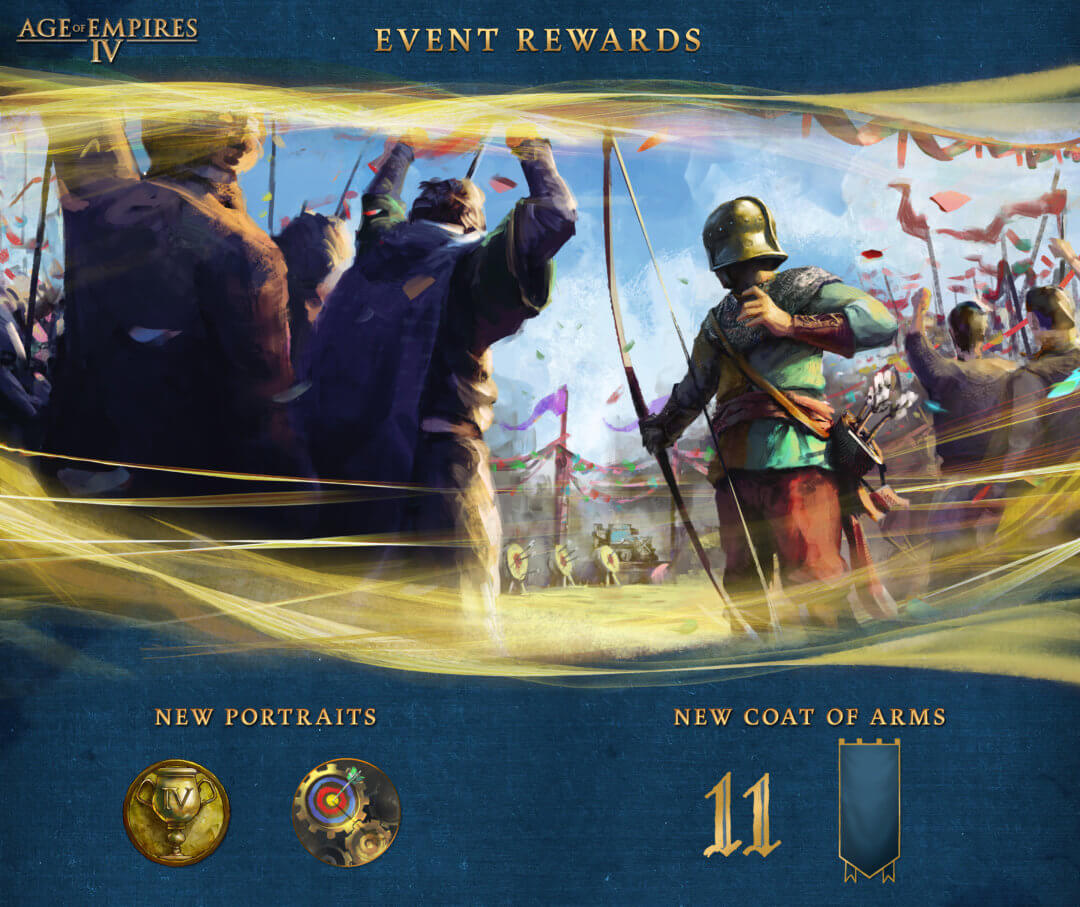 Season 1 event 3 showing new coat of arms and a longbowman shooting in a tournament with a cheering crowd.