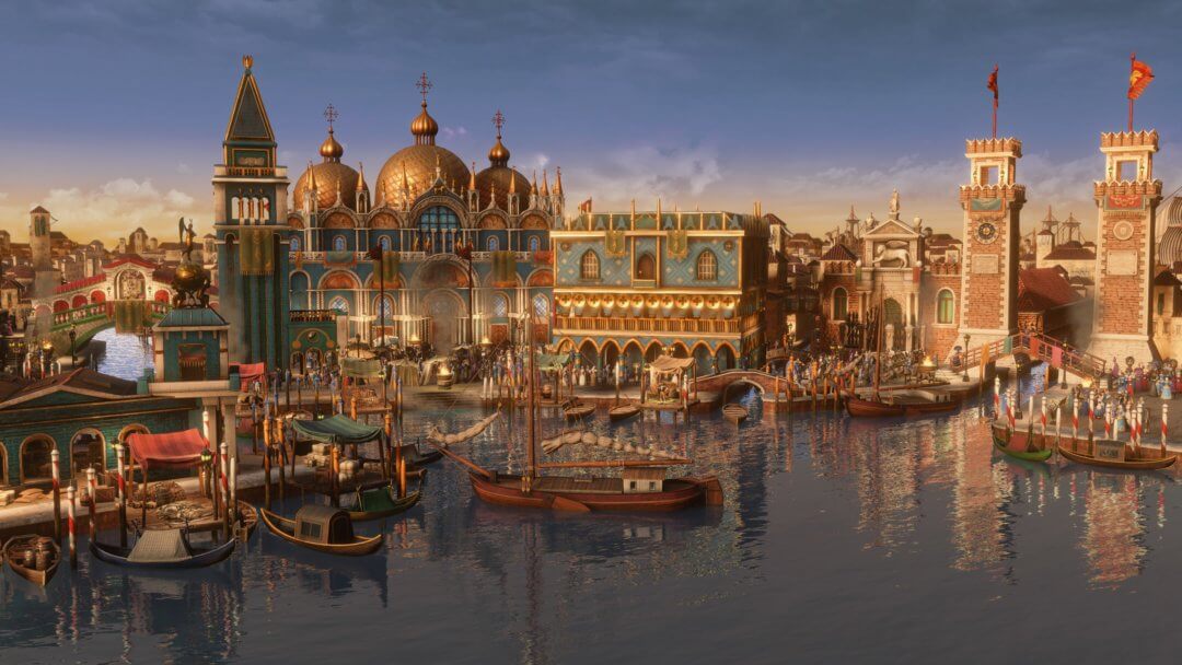 Image of venice with turquoise and gold buildings plus some small boats