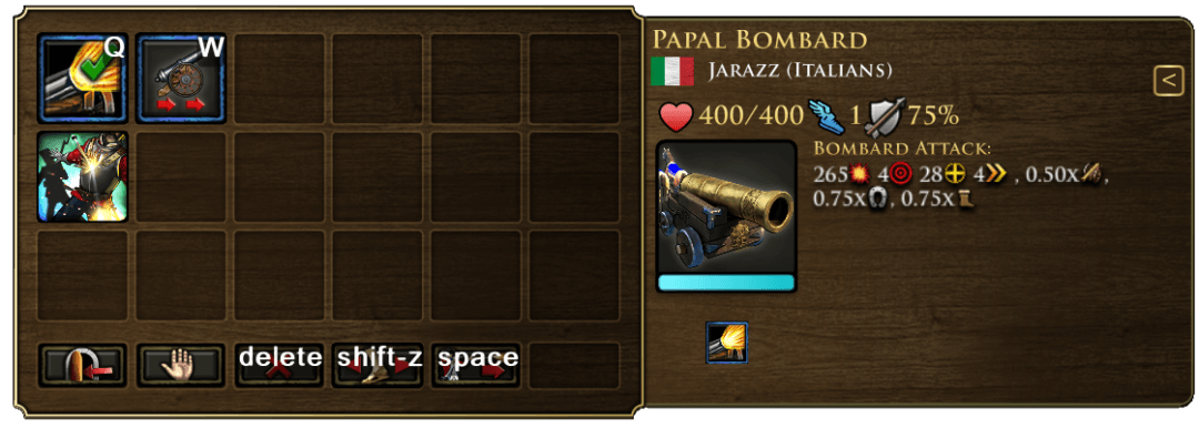 Papal Bombard UI menu and stats