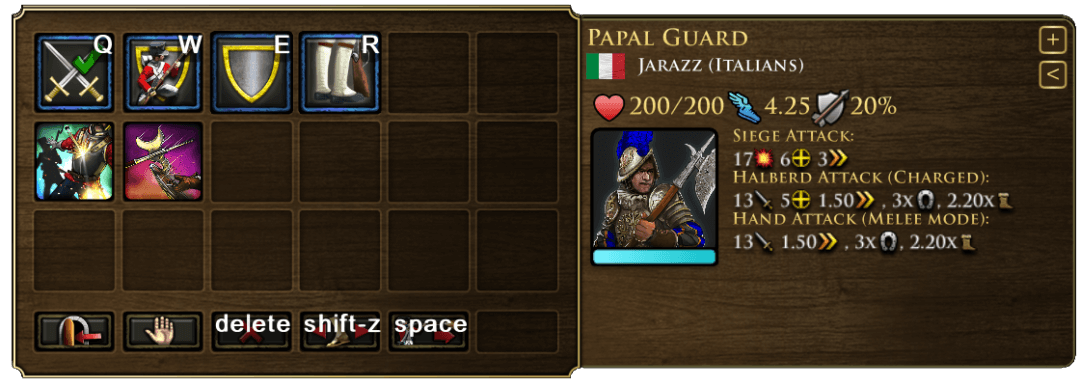 Papal Guard UI menu and stats