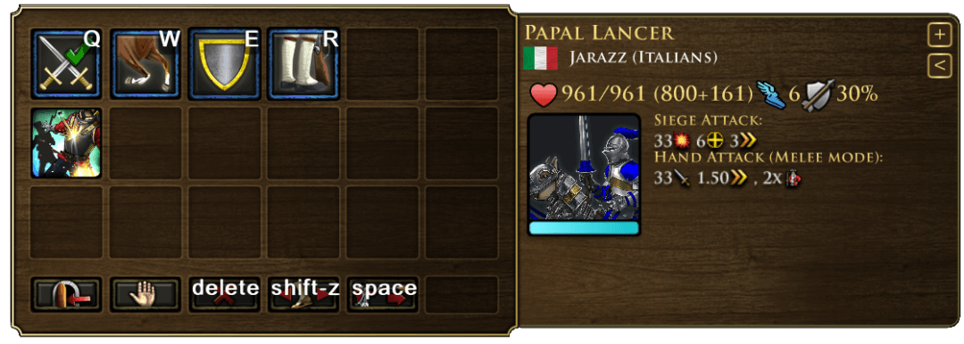 Papal Lancer UI menu with stats