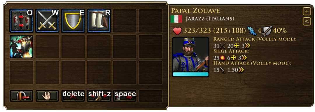 Papal Zouave UI menu and stats