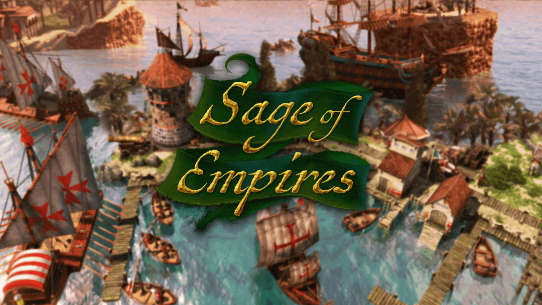 Italy and Malta screenshot depicting naval ships on the water. A green Sage of Empires logo is centered with Sage of Empires written in gold ink.