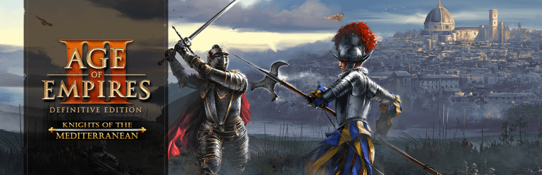 two knights battling in out with the text Age of Empires III: Definitive Edtion and Knights of the Mediterranean
