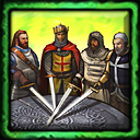 4 knights around a round table with swords pointed towards the middle