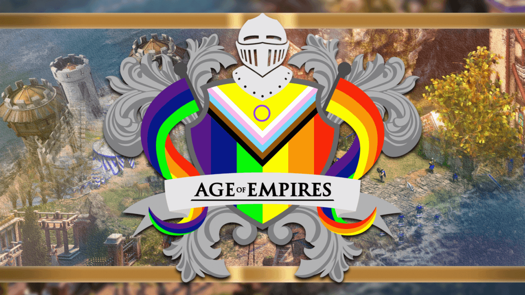 Image of knight's helm with a Pride shield and Age of Empires text