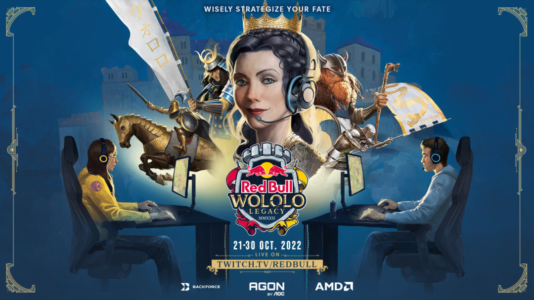 Red Bull Wololo Legacy image with a woman wearing a crown and headset and two people playing age of empires