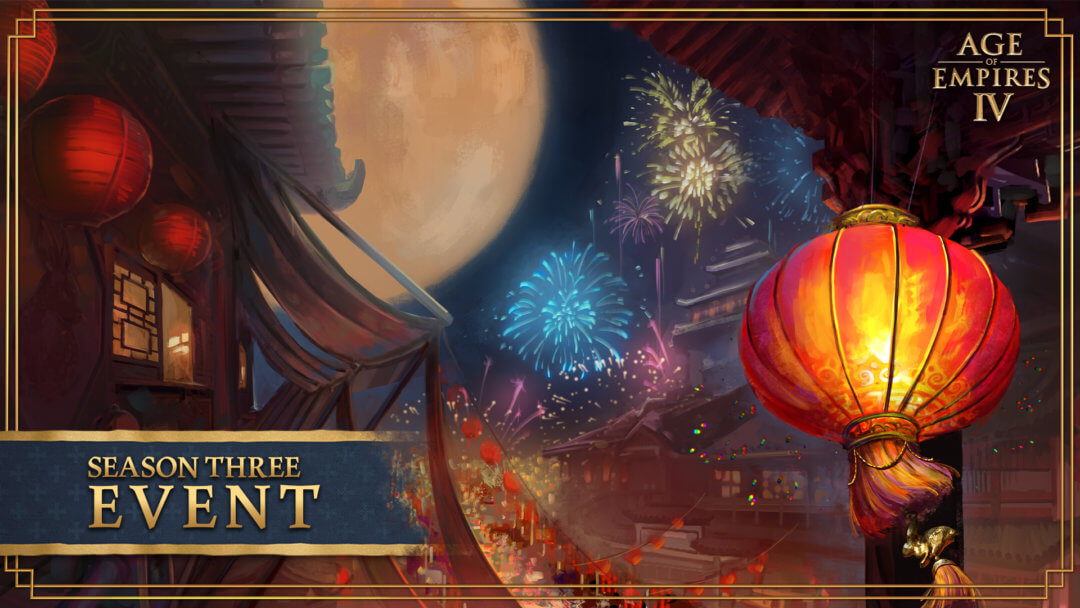 Luna New Year lanterns floating in the sky around the moon and fireworks with the words "Season Three Event" and "Age of Empires IV"