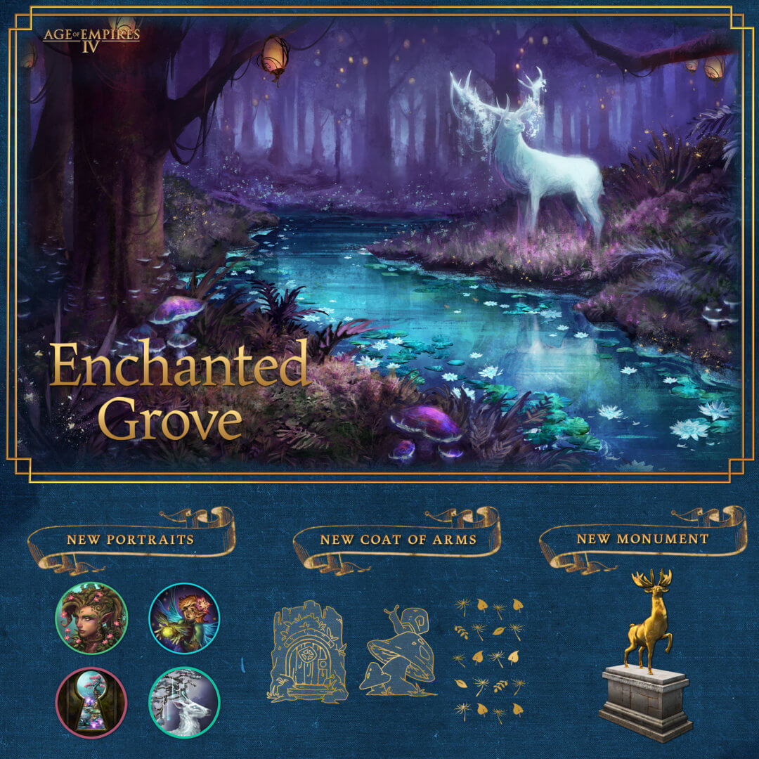 Image of the new magical biome with shimmery white deer and the rewards for the new Enchanted Grove Event