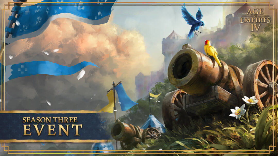 Image of birds flying around a gold cannon and some blue flags in the background with the words "season three event" on it