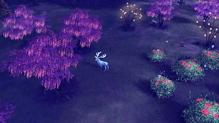 Gif showing the new enchanted grove biome with white deer