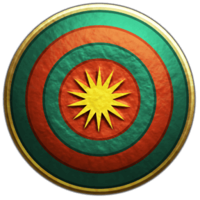 Shield with red and green circular stripes with a gold sun in the middle for the lac viet civilization