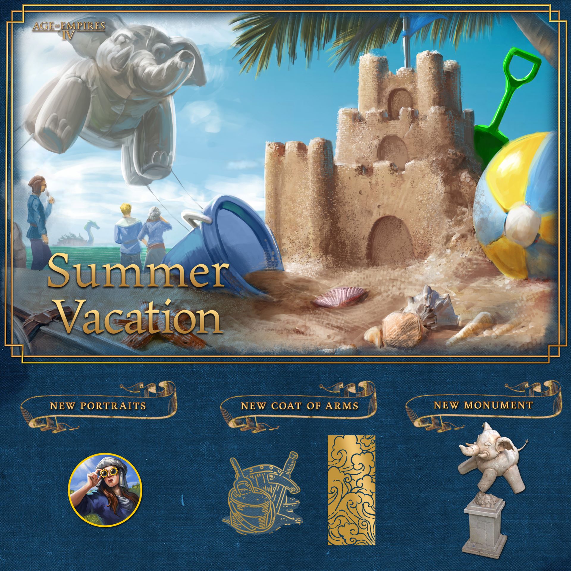 Sand castle on the beach with rewards for the summer vacation event at the bottom.