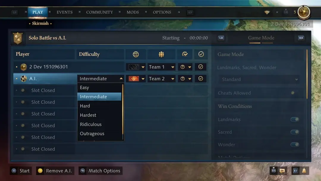 Screenshot showing the different AI difficulties with Intermediate difficulty selected