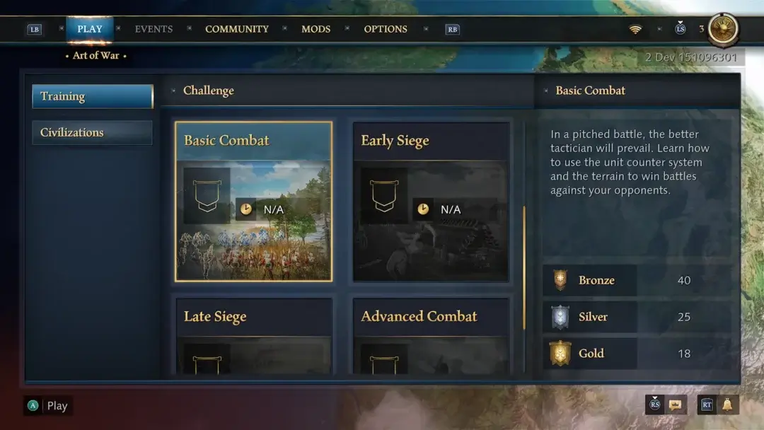 Screenshot showing the training options under Art of War with Basic Combat option selected