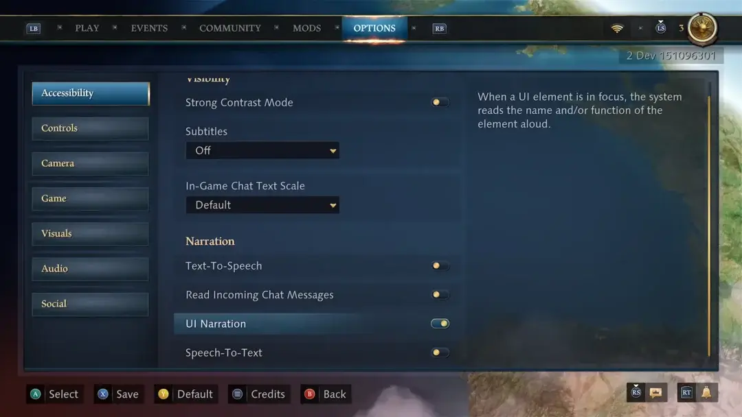 Screenshot showing the Accessibility Settings screen with UI Narration selected