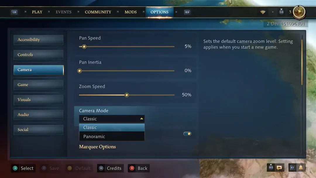 Screenshot of camera setting options