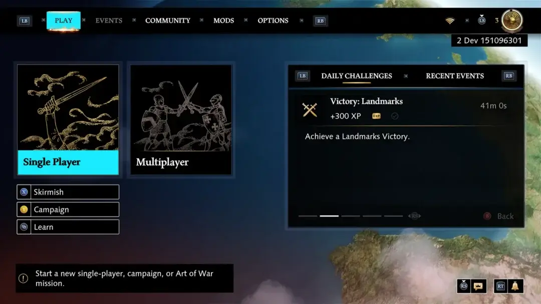 Screenshot showing the Play screen with Strong Contrast Mode on