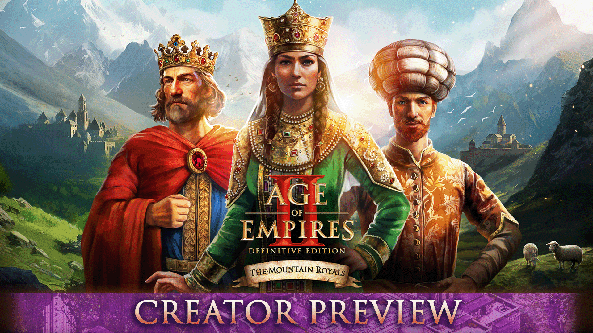 Key art for The Mountain Royals, a new DLC coming to Age of Empires II: Definitive Edition with the words Creator Preview at the bottom of the image. 